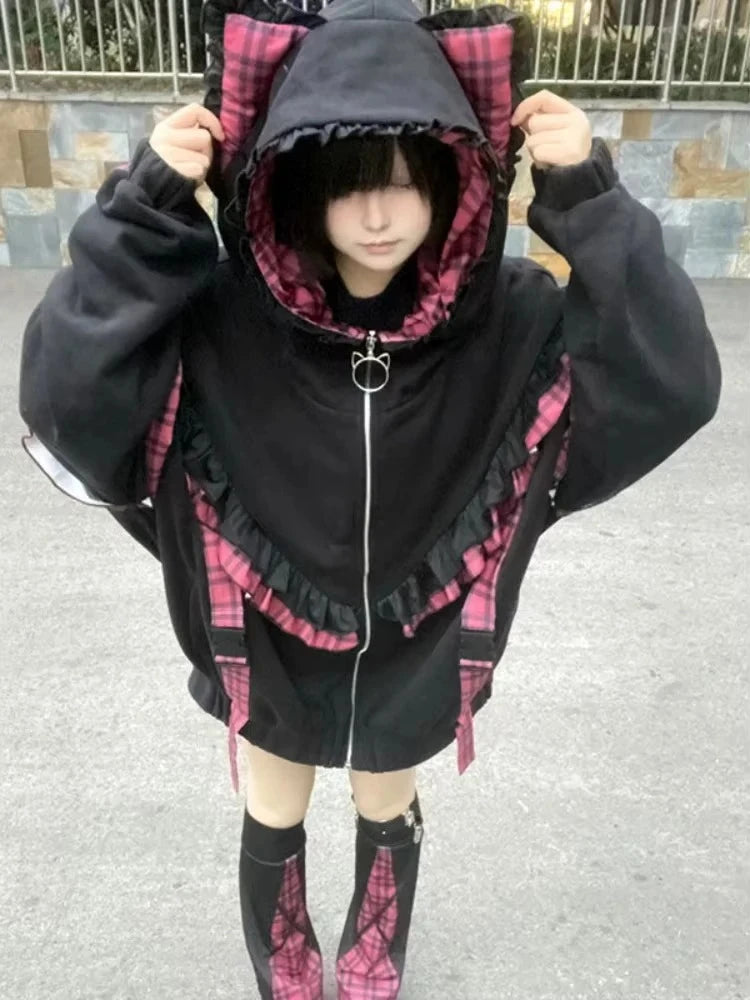 Japanese Sweet Coats Y2K Clothing Hoodie Women Tops Autumn and Winter Color Match Splicing with Thick Velvet Cardigan Jackets