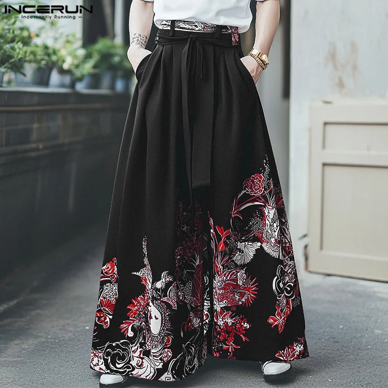 Summer Spring Men Long Pants INCERUN Fashion Print Male Wide Leg Pants Oversize Long Trousers Loose Men's Clothing Streetwear
