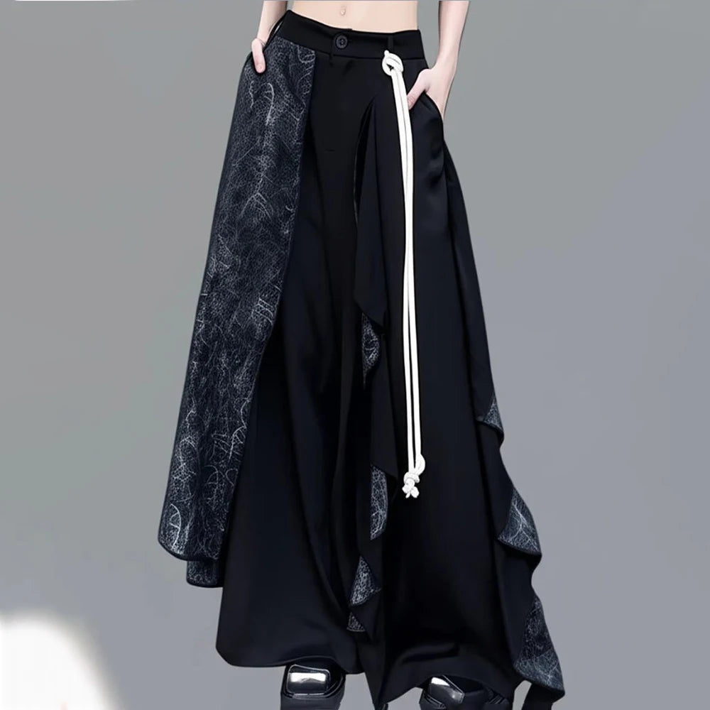 Y2k Dark Style Double Layer Irregular Splicing Skirt Pants Genderless Streetwear Fashion Harajuku Wide Leg Pants Unisex(No rope)