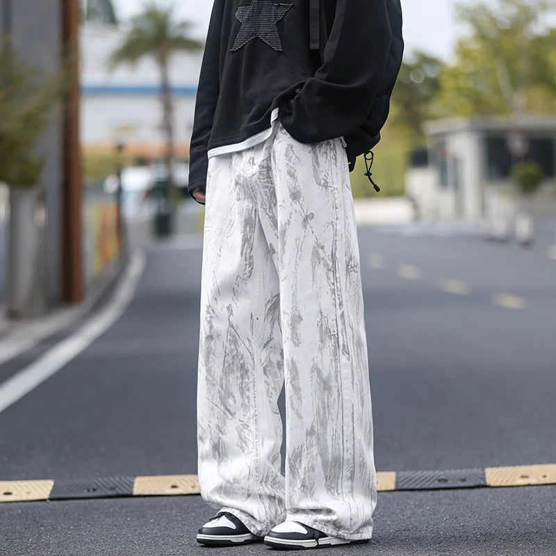 Jeans Mens Classic Straight Leg Jeans White Tie Dye Denim Pants Unisex Fashion Casual Trousers Streetwear Hip Hop Style Washed