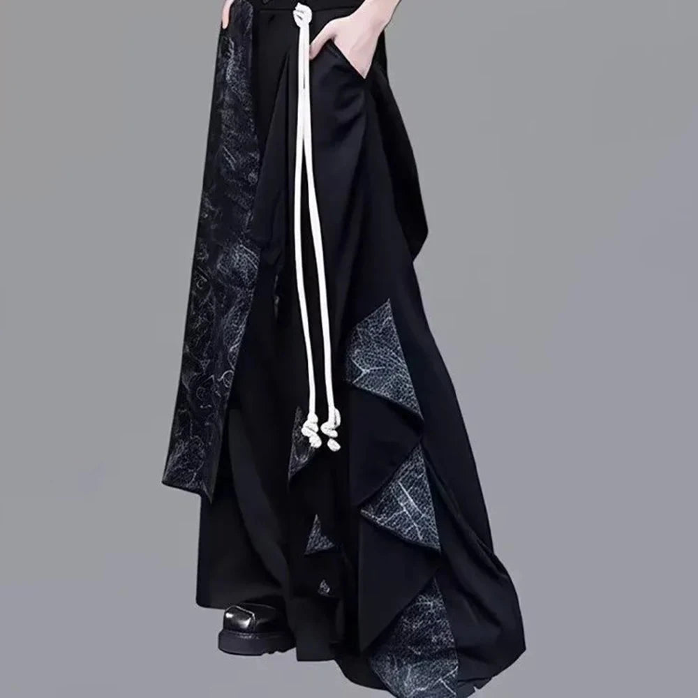 Y2k Dark Style Double Layer Irregular Splicing Skirt Pants Genderless Streetwear Fashion Harajuku Wide Leg Pants Unisex(No rope)