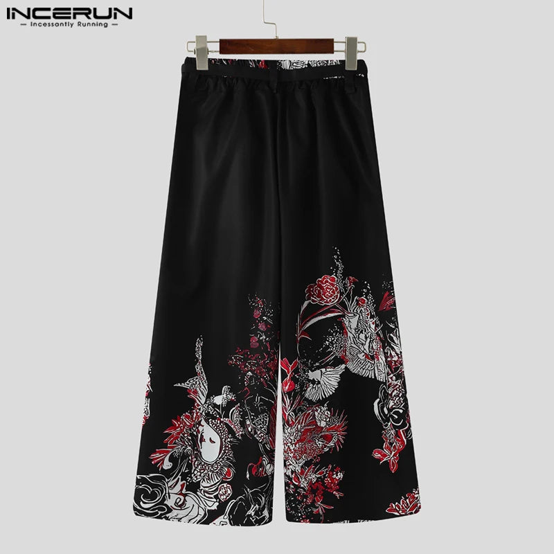 Summer Spring Men Long Pants INCERUN Fashion Print Male Wide Leg Pants Oversize Long Trousers Loose Men's Clothing Streetwear