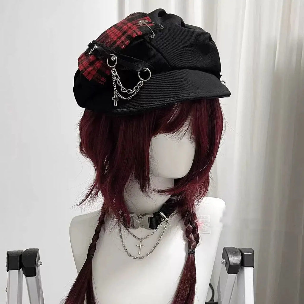 Women's Hat Sweet Cool Style Y2K Subculture Punk Millennial Spice Cross Neutral Dark Checkered Beret Hat Cute Hat Gothic Lollita