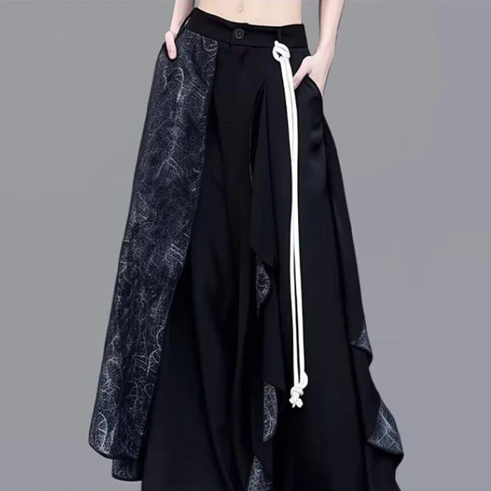 Y2k Dark Style Double Layer Irregular Splicing Skirt Pants Genderless Streetwear Fashion Harajuku Wide Leg Pants Unisex(No rope)
