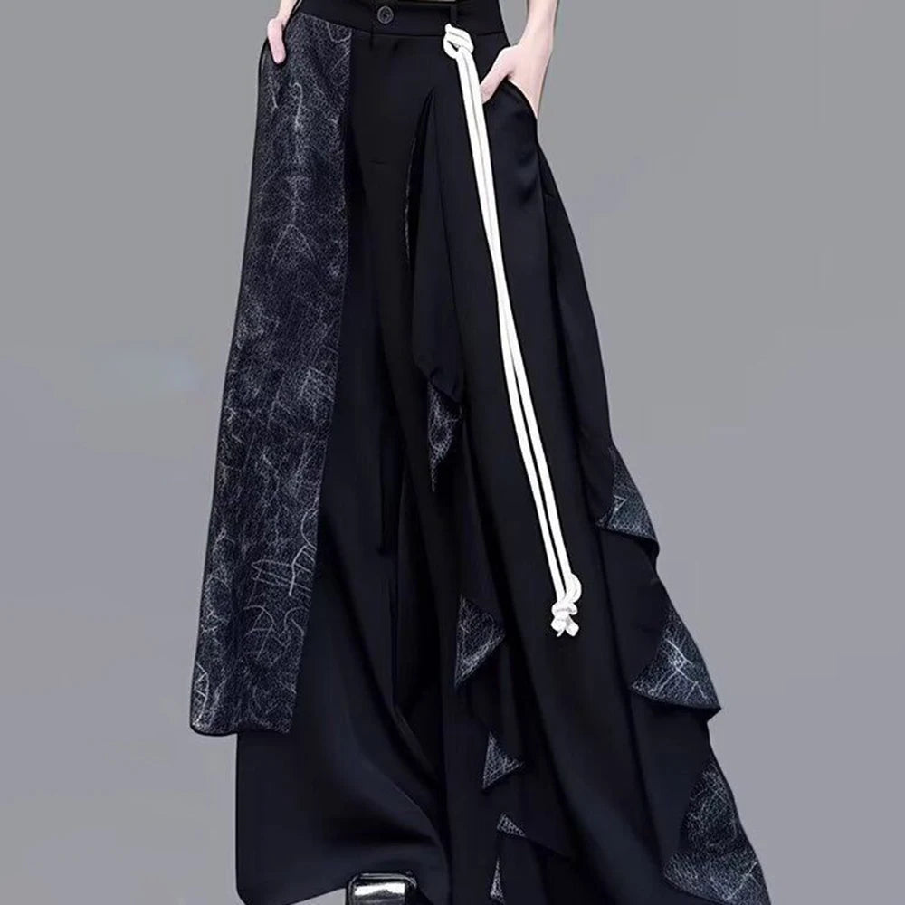 Y2k Dark Style Double Layer Irregular Splicing Skirt Pants Genderless Streetwear Fashion Harajuku Wide Leg Pants Unisex(No rope)