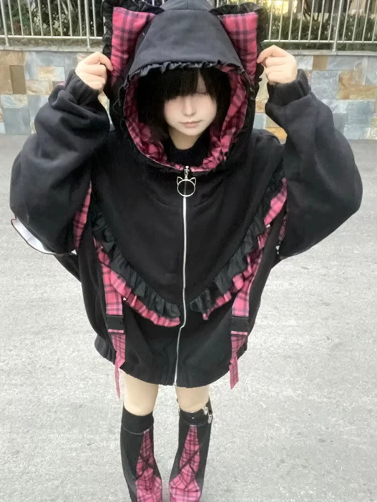 Japanese Sweet Coats Y2K Clothing Hoodie Women Tops Autumn and Winter Color Match Splicing with Thick Velvet Cardigan Jackets