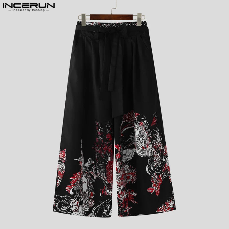 Summer Spring Men Long Pants INCERUN Fashion Print Male Wide Leg Pants Oversize Long Trousers Loose Men's Clothing Streetwear