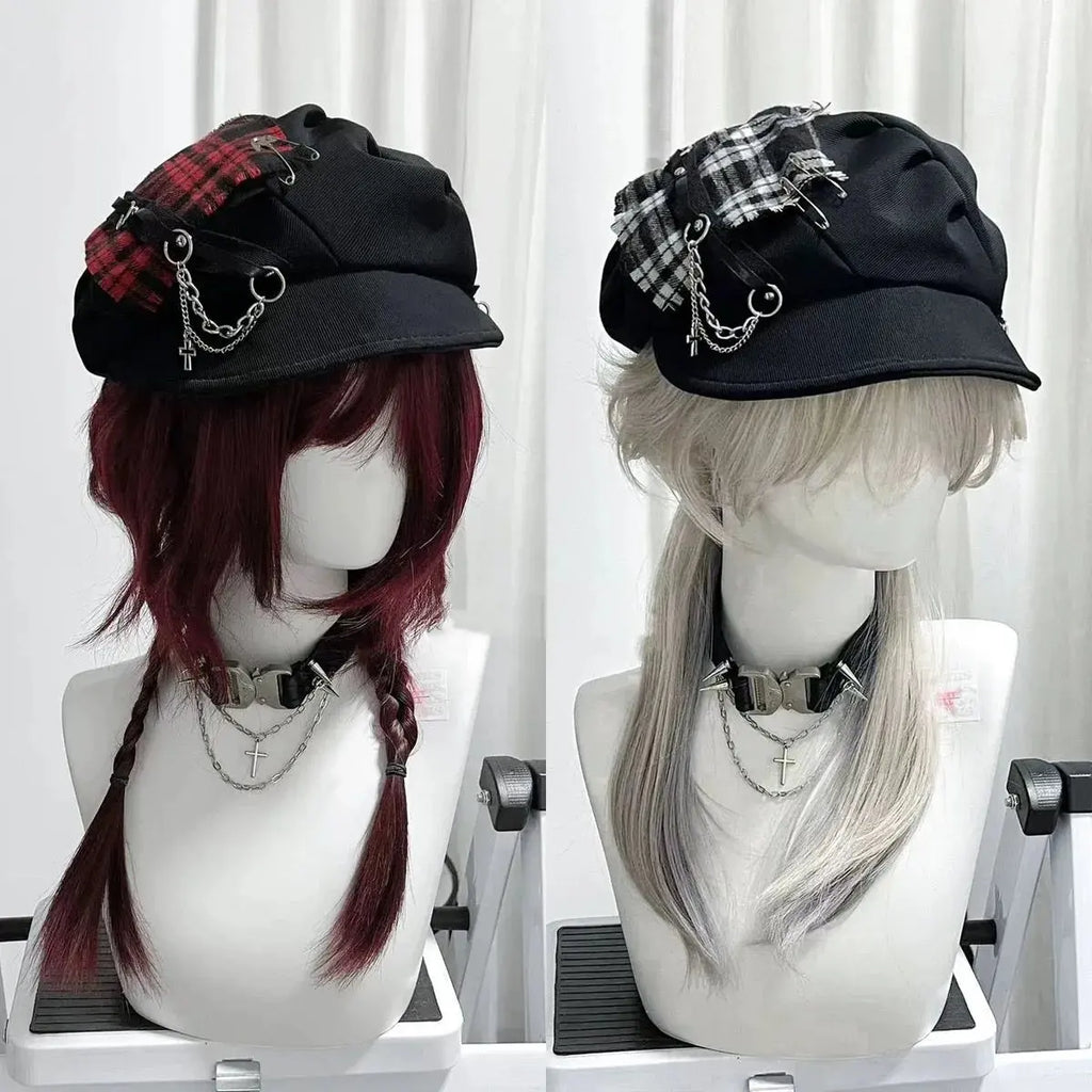 Women's Hat Sweet Cool Style Y2K Subculture Punk Millennial Spice Cross Neutral Dark Checkered Beret Hat Cute Hat Gothic Lollita