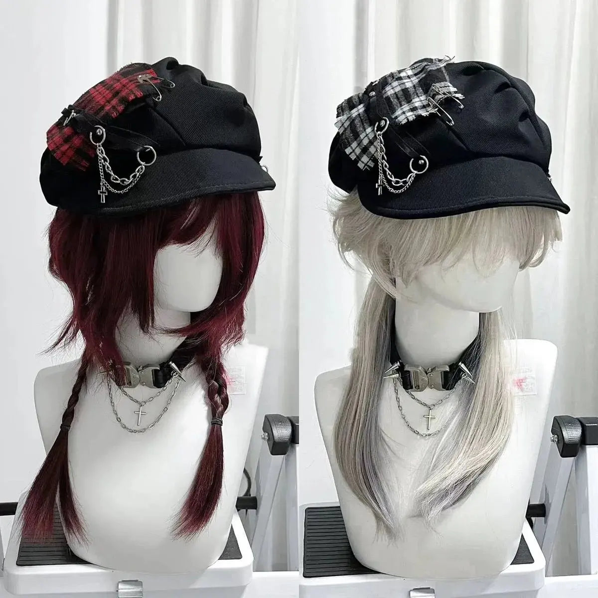 Women's Hat Sweet Cool Style Y2K Subculture Punk Millennial Spice Cross Neutral Dark Checkered Beret Hat Cute Hat Gothic Lollita