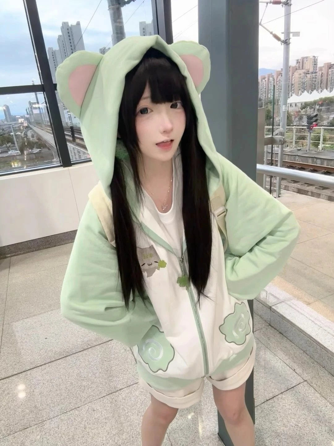 Japanese Sweet Coats Y2K Clothing Hoodie Women Tops Autumn and Winter Color Match Splicing with Thick Velvet Cardigan Jackets