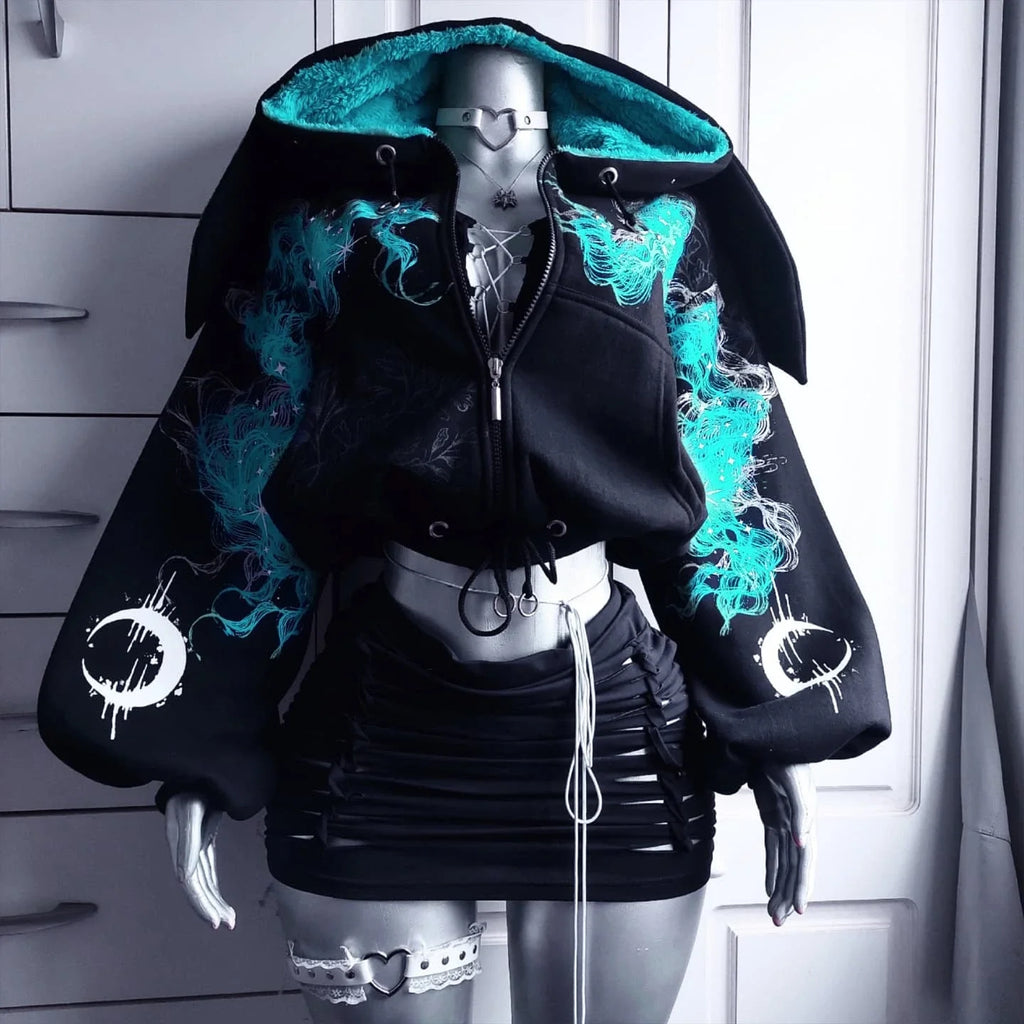 Y2k New Gothic Punk Womens Zipper Hoodie Harajuku Retro Cropped Waist High Print Hoodie Casual Fashion Streetwear Sweatshirt