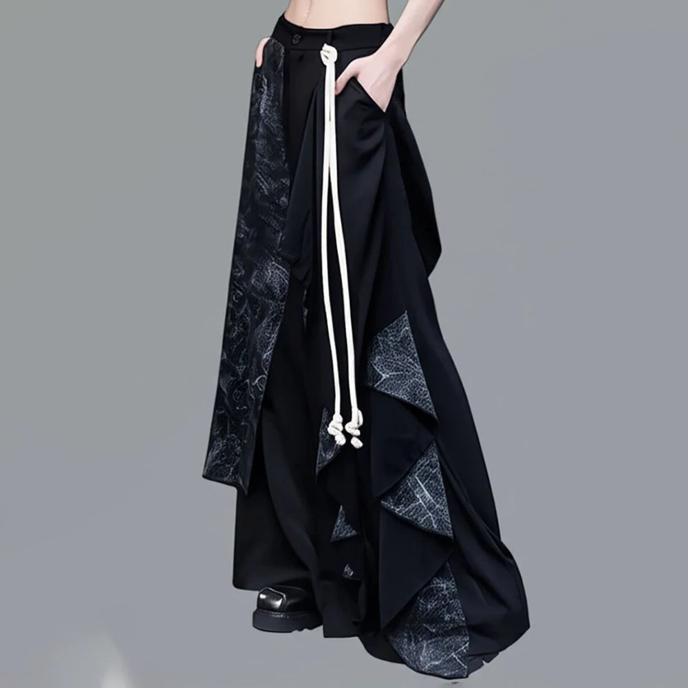 Y2k Dark Style Double Layer Irregular Splicing Skirt Pants Genderless Streetwear Fashion Harajuku Wide Leg Pants Unisex(No rope)