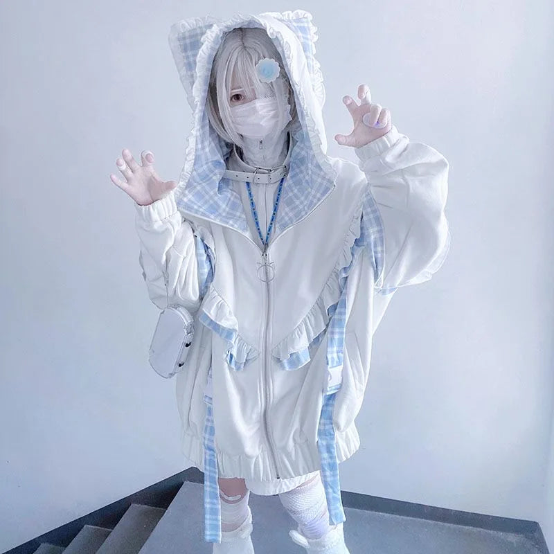 Japanese Sweet Coats Y2K Clothing Hoodie Women Tops Autumn and Winter Color Match Splicing with Thick Velvet Cardigan Jackets