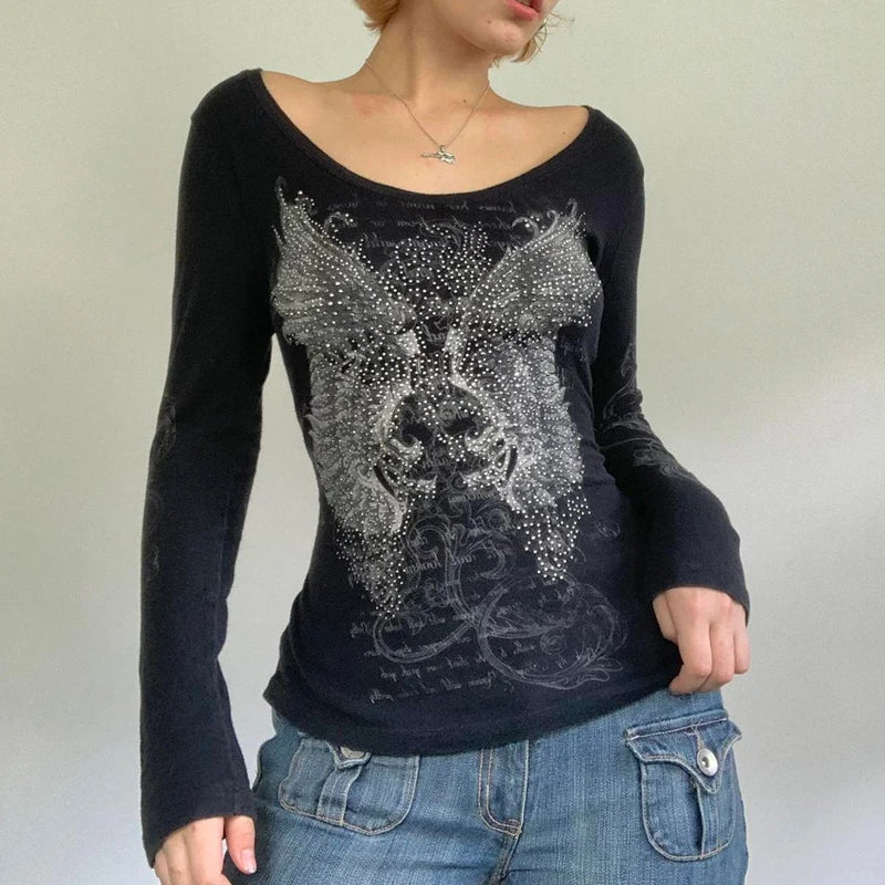 Y2K Grunge Cyber Mall Goth Thermal T-shirt Skulls Graphic Print Long Sleeve Pullovers Tops Women 90s Vintage Aesthetic Tees