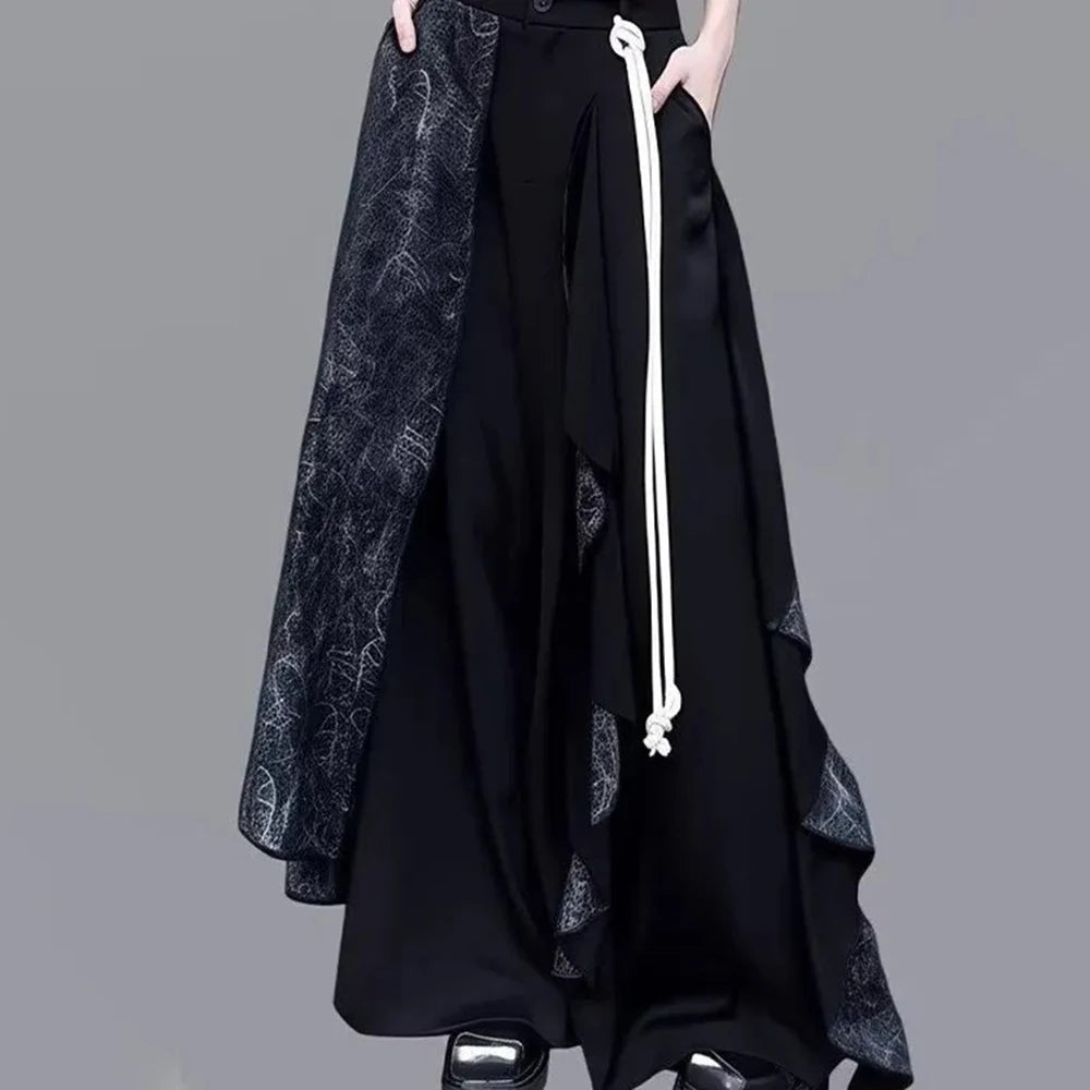 Y2k Dark Style Double Layer Irregular Splicing Skirt Pants Genderless Streetwear Fashion Harajuku Wide Leg Pants Unisex(No rope)