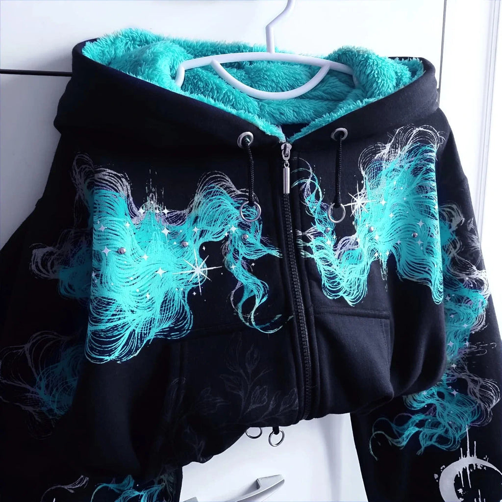 Y2k New Gothic Punk Womens Zipper Hoodie Harajuku Retro Cropped Waist High Print Hoodie Casual Fashion Streetwear Sweatshirt