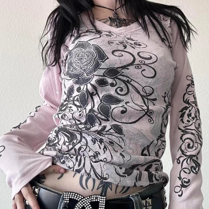 Y2K Grunge Cyber Mall Goth Thermal T-shirt Skulls Graphic Print Long Sleeve Pullovers Tops Women 90s Vintage Aesthetic Tees